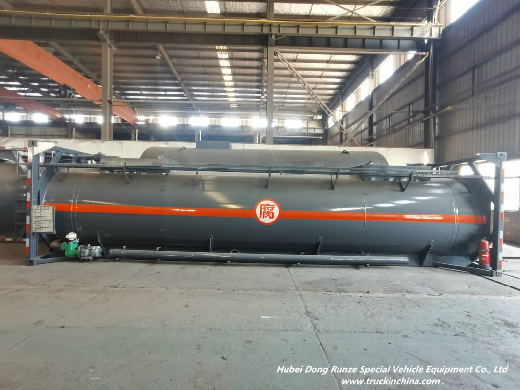Hydrochloric Acid ISO Tank PE Lined 30FT Mounted with Acid Pump Top Loading Pipe 24~26kl